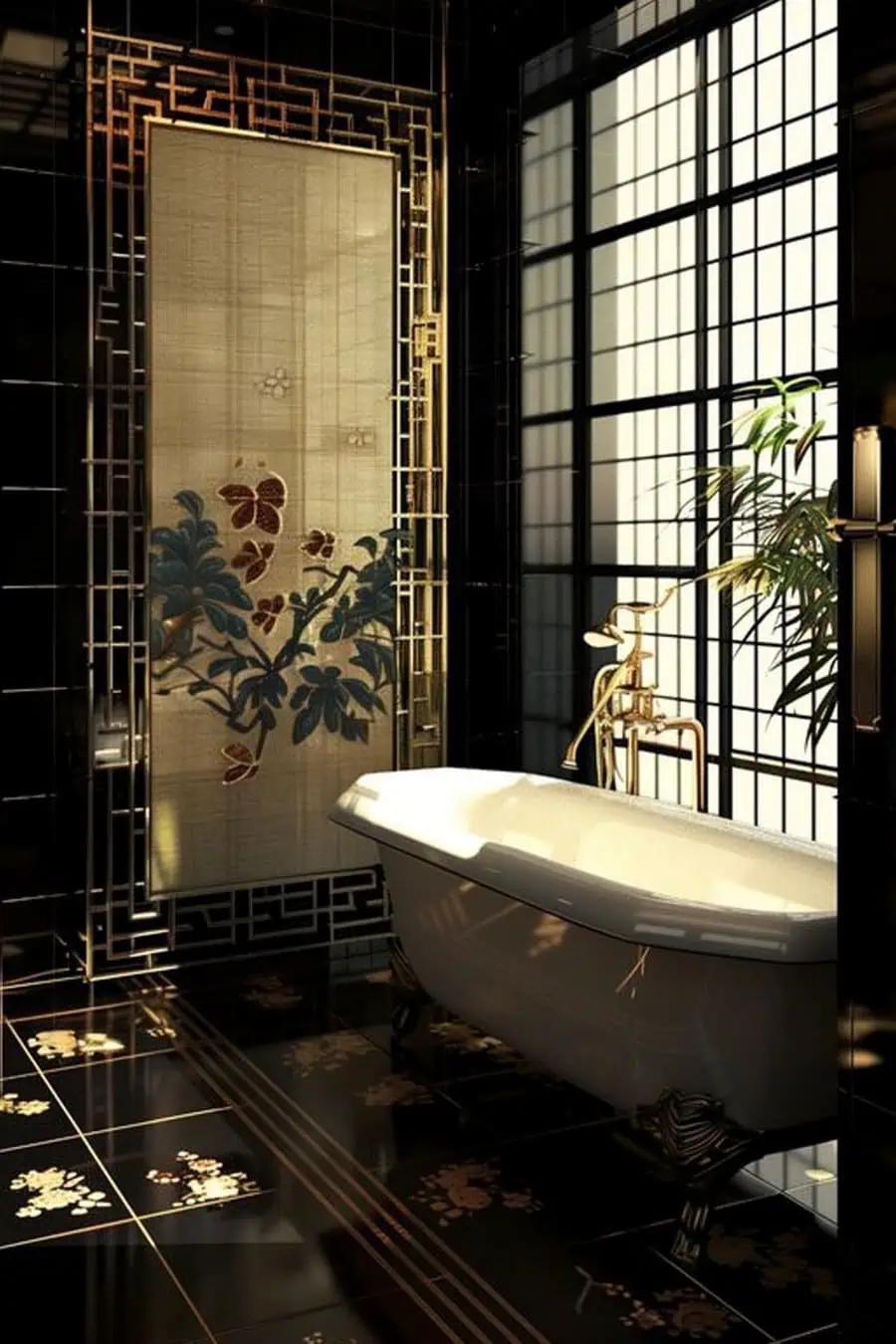 Luxurious black and gold Art Deco bathroom with clawfoot tub, decorative screen, and floral accents.