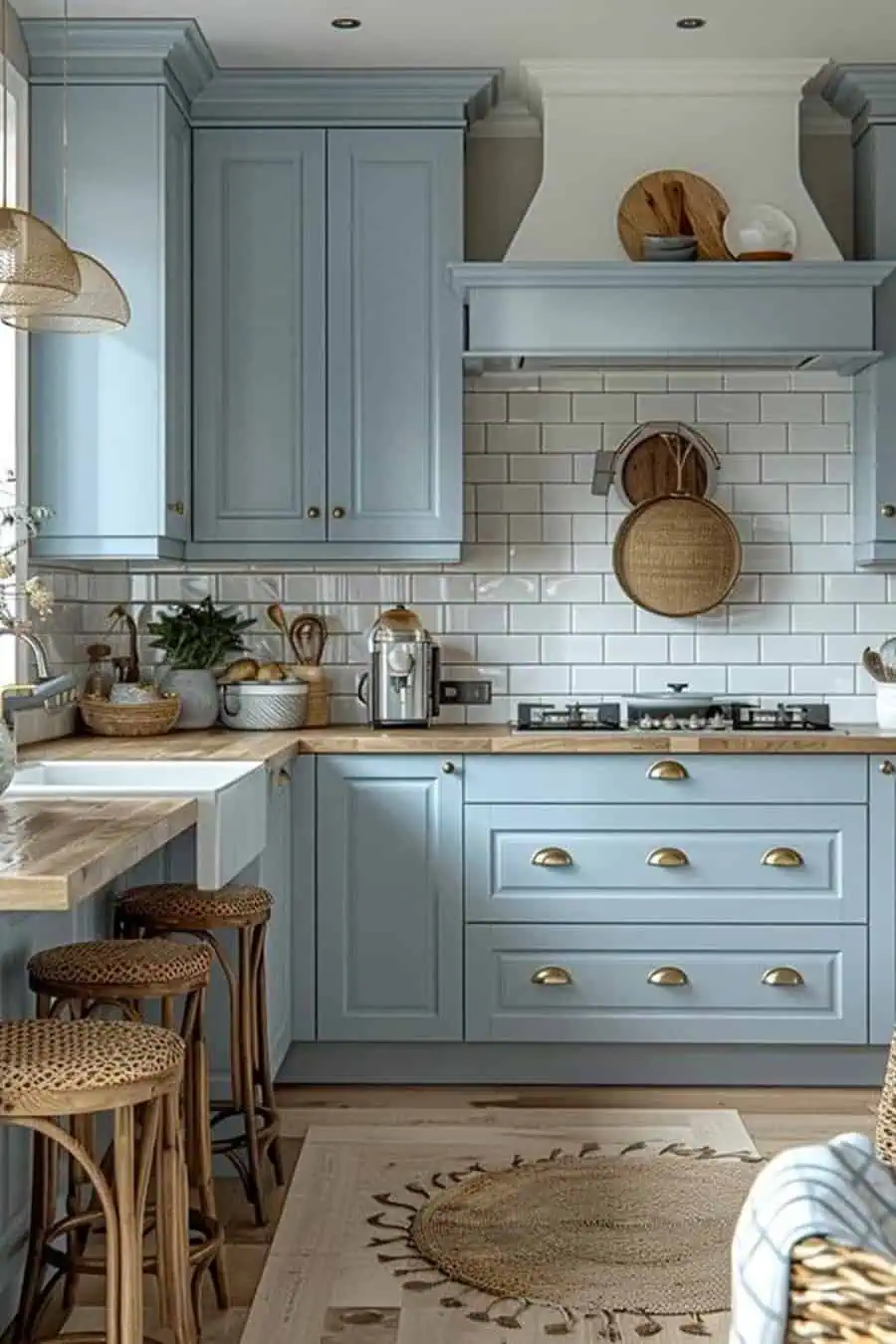 A charming kitchen with light blue cabinets, brass hardware, a farmhouse sink, and woven bar stools.