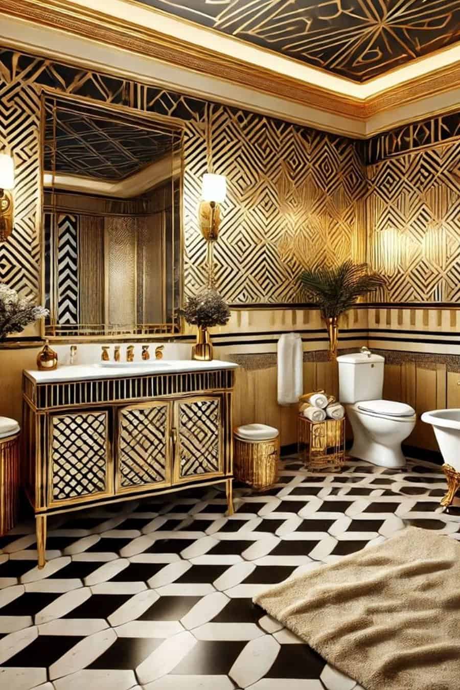 Luxurious Art Deco bathroom with gold accents, geometric patterns, black and white tile floor.