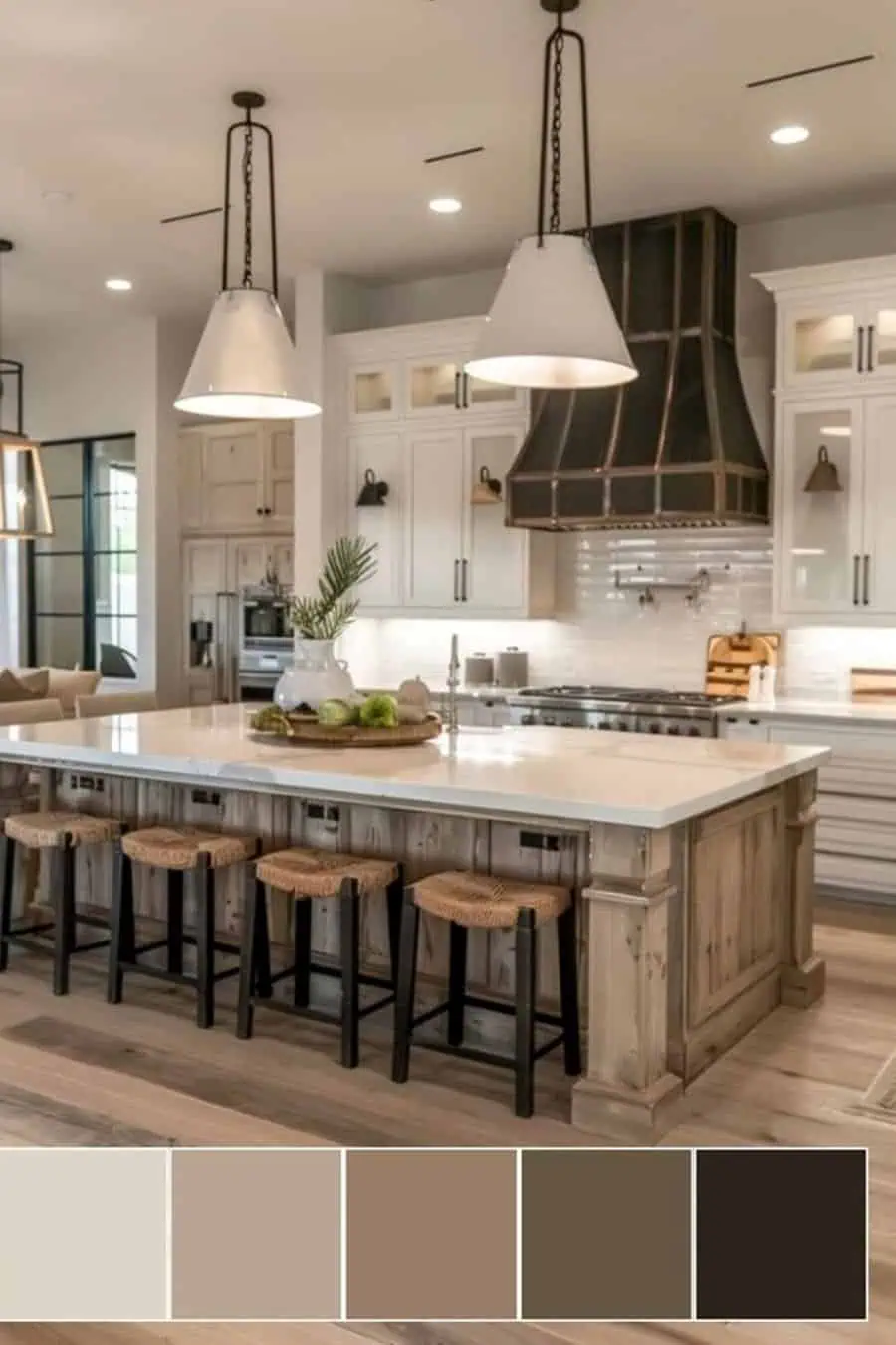 Rustic kitchen with wooden island, wicker bar stools, large pendants, and neutral color swatches.