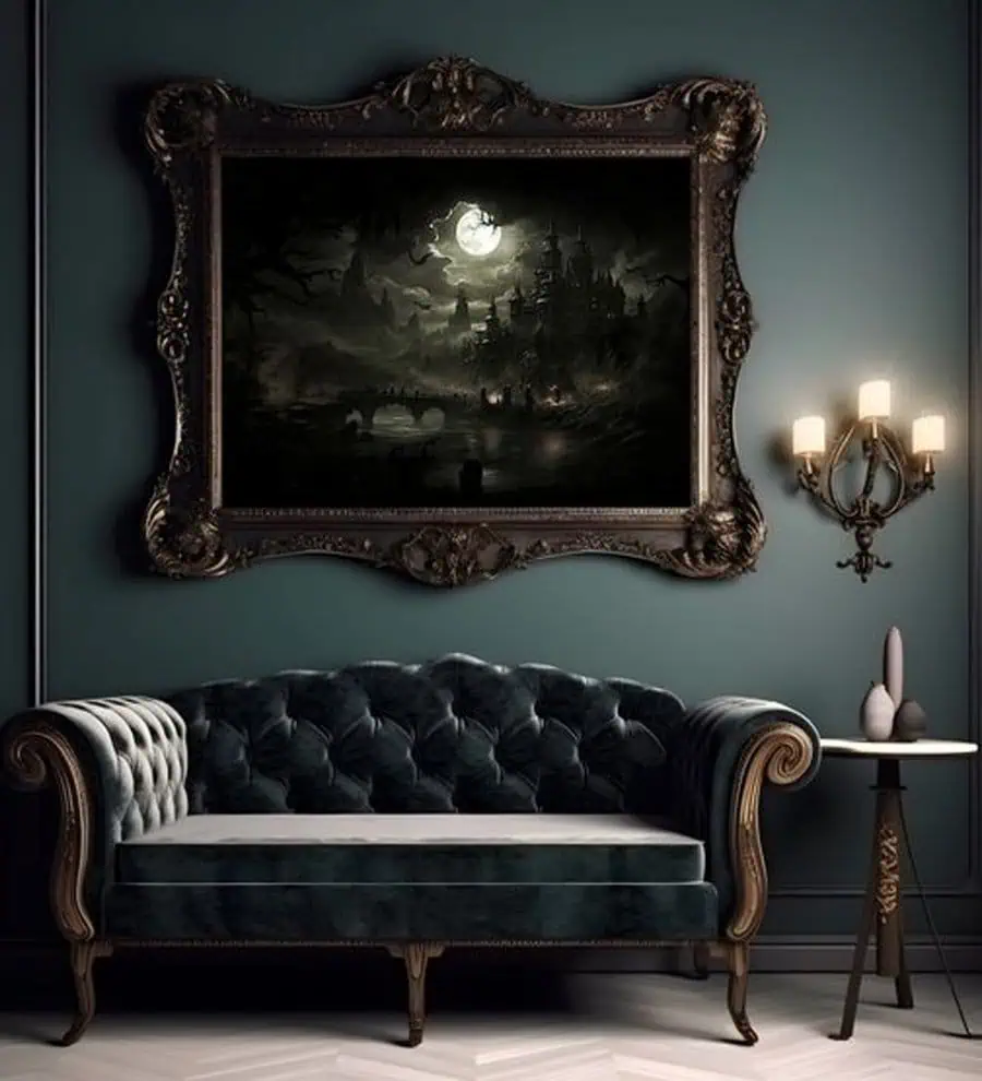 A dark velvet sofa beneath a gothic painting of a moonlit castle, with a wall sconce beside it.