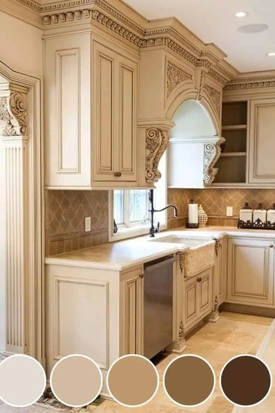 Traditional kitchen with ornate cabinets, farmhouse sink, and beige neutral color swatches.