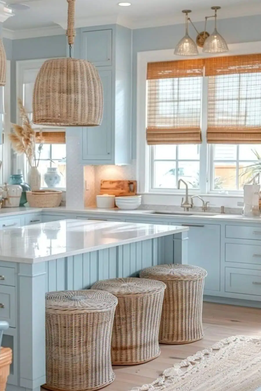 A coastal-inspired kitchen with light blue cabinetry, wicker pendant lights, and matching woven stools.