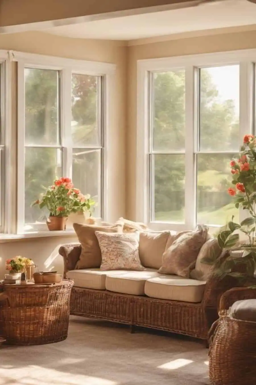 Inviting sunroom with wicker furniture, floral cushions, and potted plants by large windows.