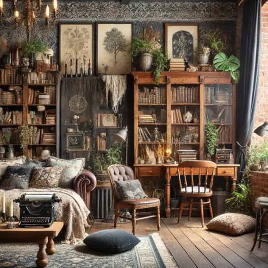 A vintage-style room with wooden bookshelves, a cozy couch, plants, and a writing desk adorned with antique items and framed artwork on the wall.