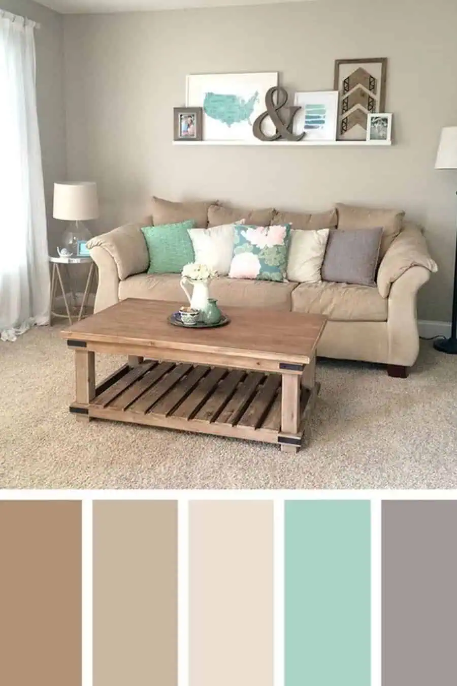 Cozy living room with beige sofa, wooden coffee table, and neutral color palette accents.