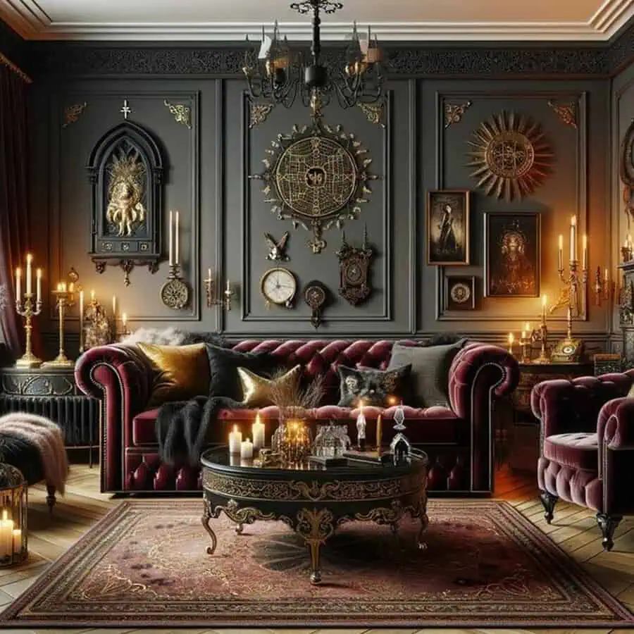 A gothic-inspired living room with dark paneled walls, intricate décor, and a deep burgundy velvet sofa, adorned with candles and vintage art pieces.