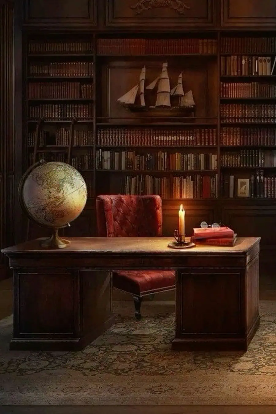 A dark, classic study featuring rich wood shelving lined with books, a globe, and a vintage desk with a candlelit ambiance.