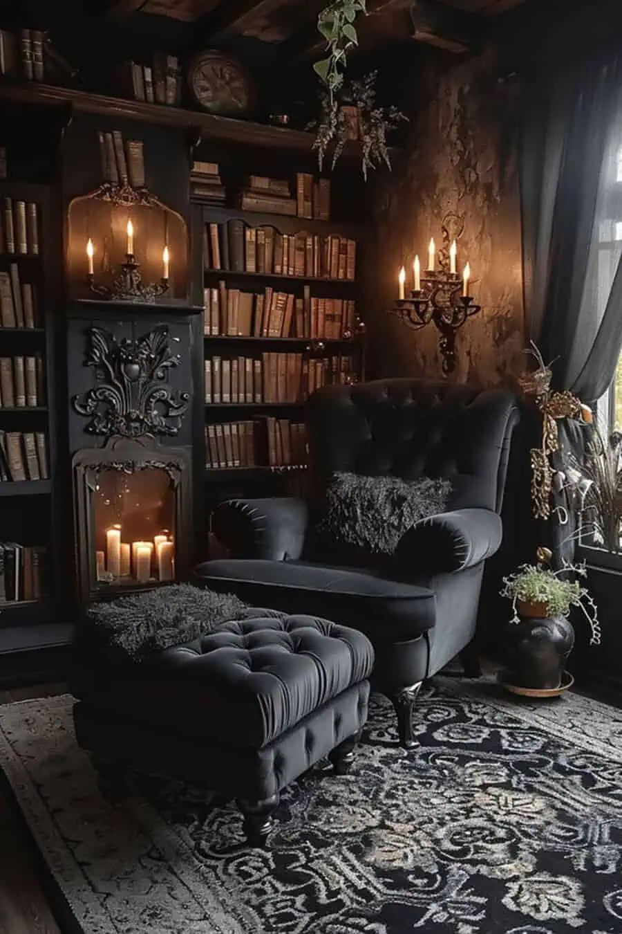 A moody and dramatic reading nook featuring a tufted armchair, ottoman, and shelves filled with books, all bathed in the soft glow of candlelight and dark tones.