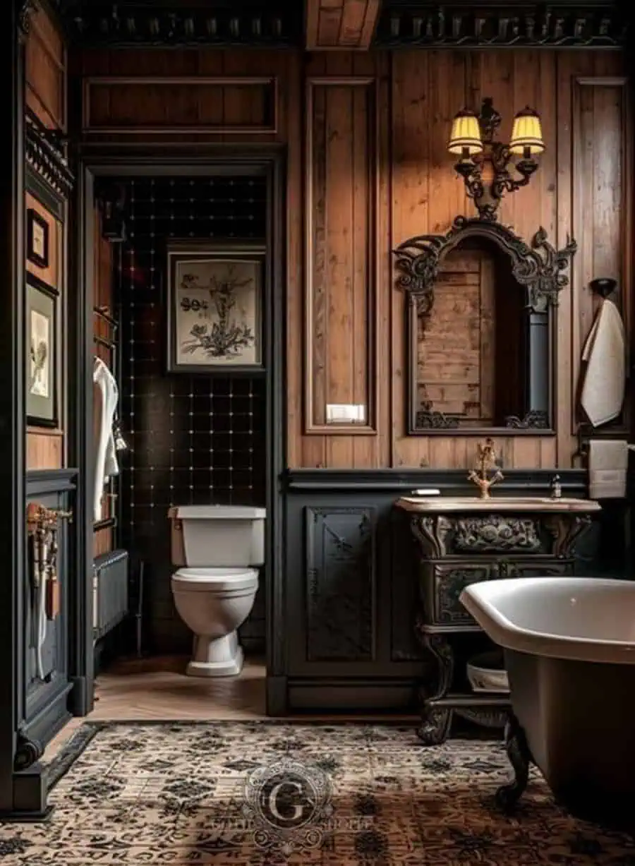 A vintage-style bathroom with wood paneling, ornate mirror, a freestanding tub, patterned tile floor, and a separate room with a toilet.