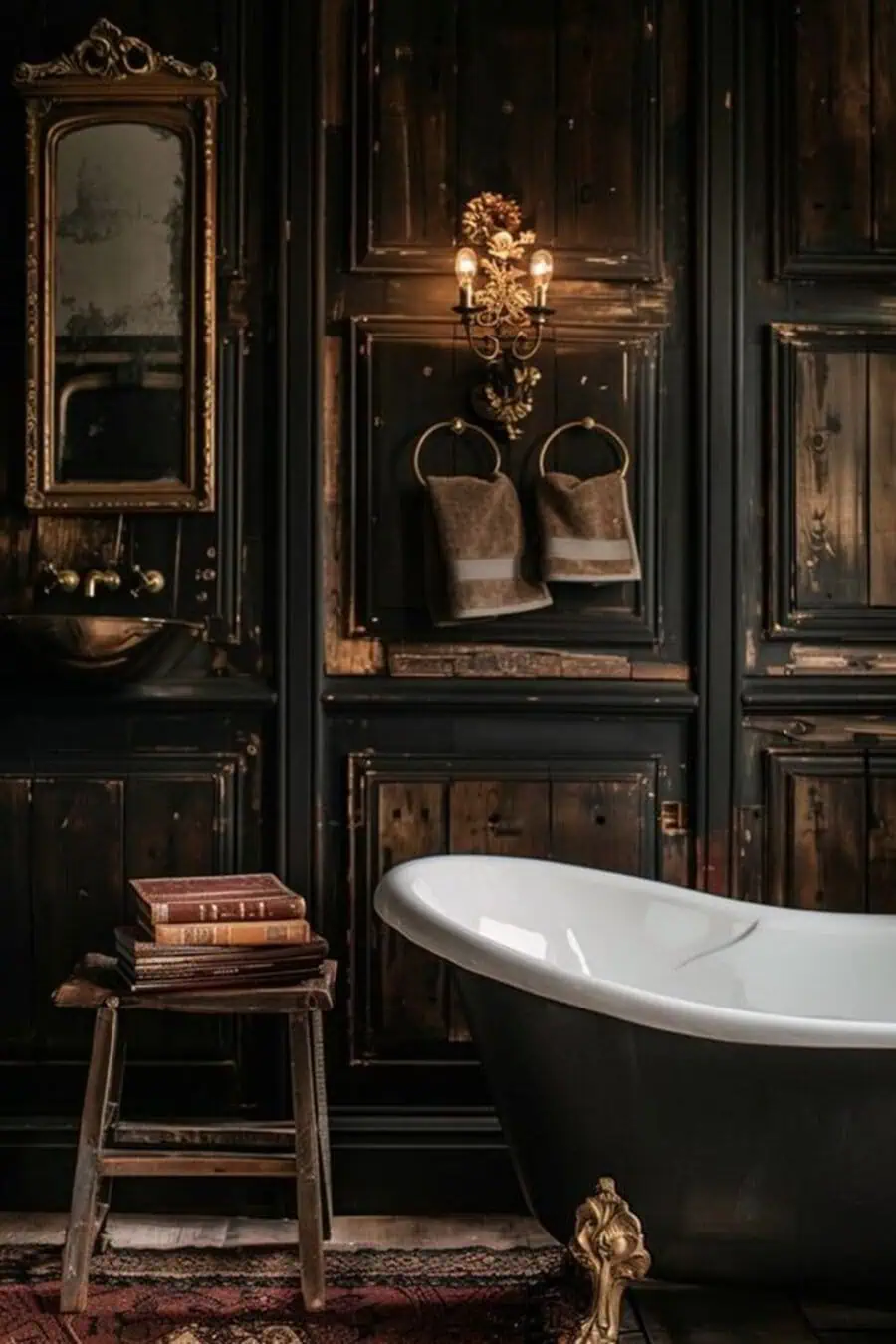 A vintage-style bathroom with dark wood paneling, a freestanding bathtub, ornate wall sconces, and a small stool holding books.