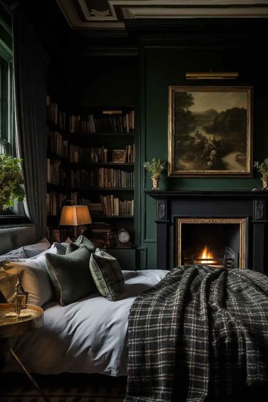 A dark green bedroom with a cozy bed, a plaid blanket, bookshelves, a lit fireplace, and a painting above the mantel.