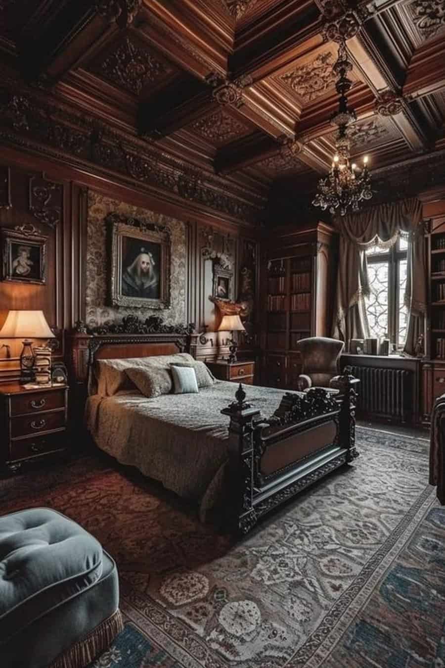 A luxurious, dark-wood paneled bedroom with ornate detailing, a chandelier, and a vintage-style bed.