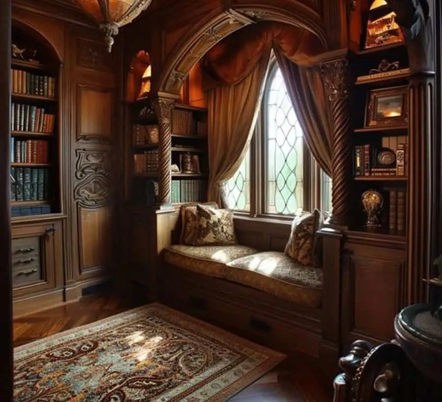 An elegant reading nook with wooden bookshelves, an arched window seat, and luxurious drapery, adorned with antique books and decor.