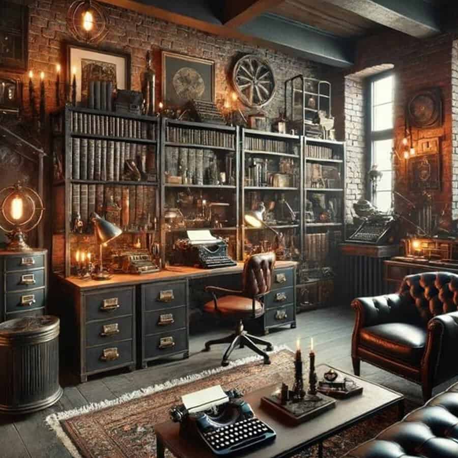 A vintage study with industrial-style bookshelves, leather furniture, and old-fashioned typewriters.