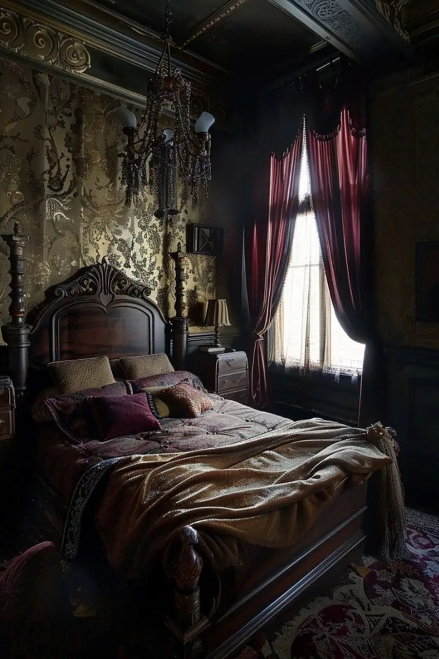 Ornate bedroom with a carved wooden bed, rich velvet bedding, gold patterned wallpaper, and a chandelier, illuminated by natural light through red curtains.