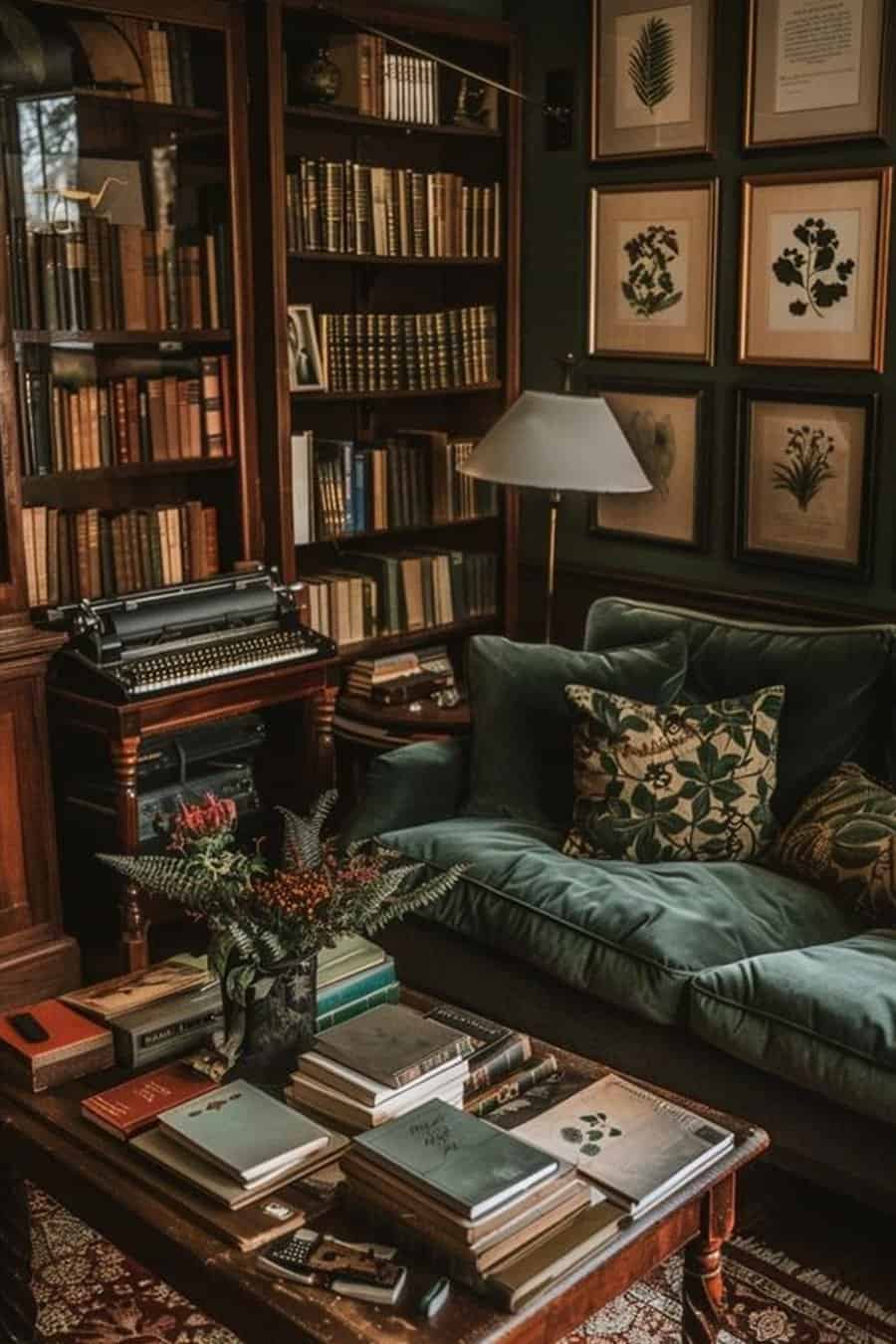 A cozy vintage study with a velvet sofa, bookshelves, an antique typewriter, and framed botanical prints for a nostalgic feel.