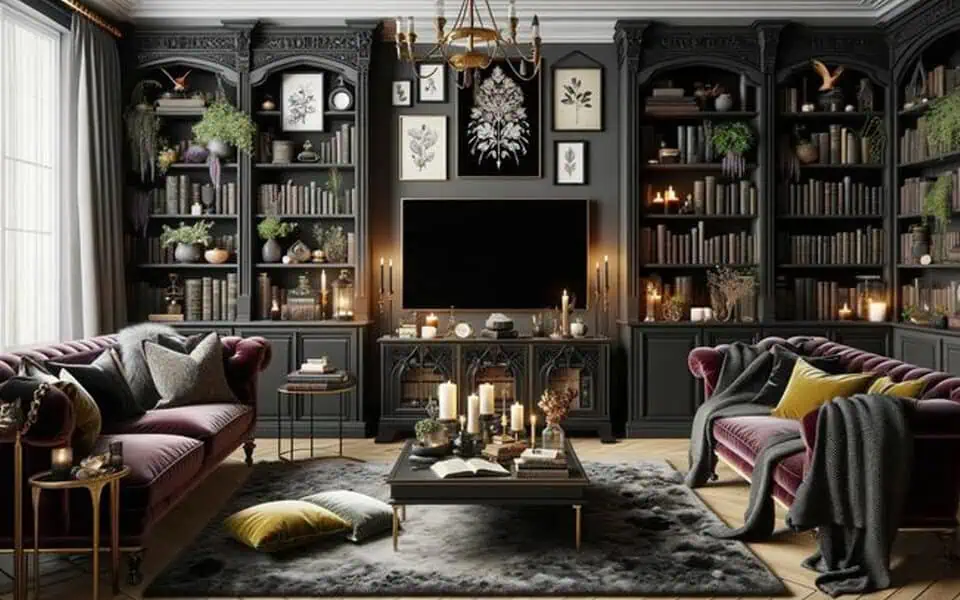 A luxurious dark-themed living room with rich velvet sofas, bookshelves, soft lighting, and elegant décor, creating a cozy and sophisticated atmosphere.