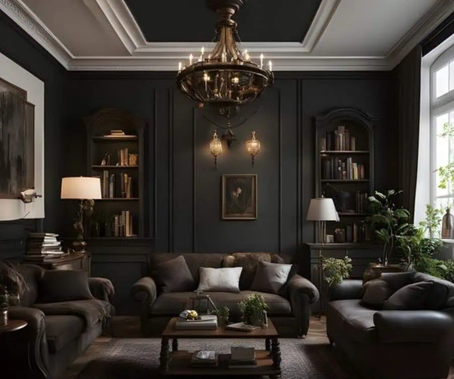 A luxurious, dark-toned living room with plush sofas, built-in bookshelves, elegant chandeliers, vintage wall sconces, and ornate decor creating a rich, sophisticated ambiance.