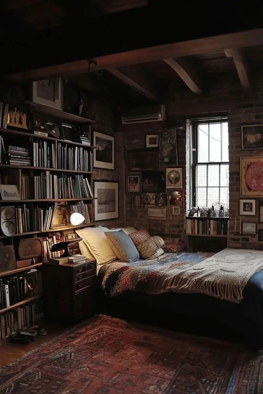 Cozy bedroom with exposed brick walls, wooden ceiling beams, and shelves filled with books, illuminated by soft lighting from a desk lamp next to the bed.