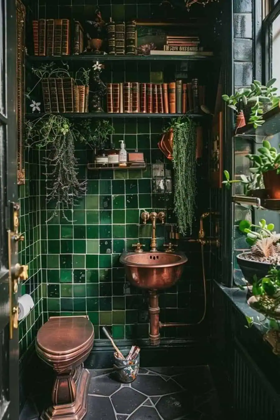 A small, vintage bathroom with emerald green tiled walls, copper fixtures, hanging plants, and shelves lined with old books.