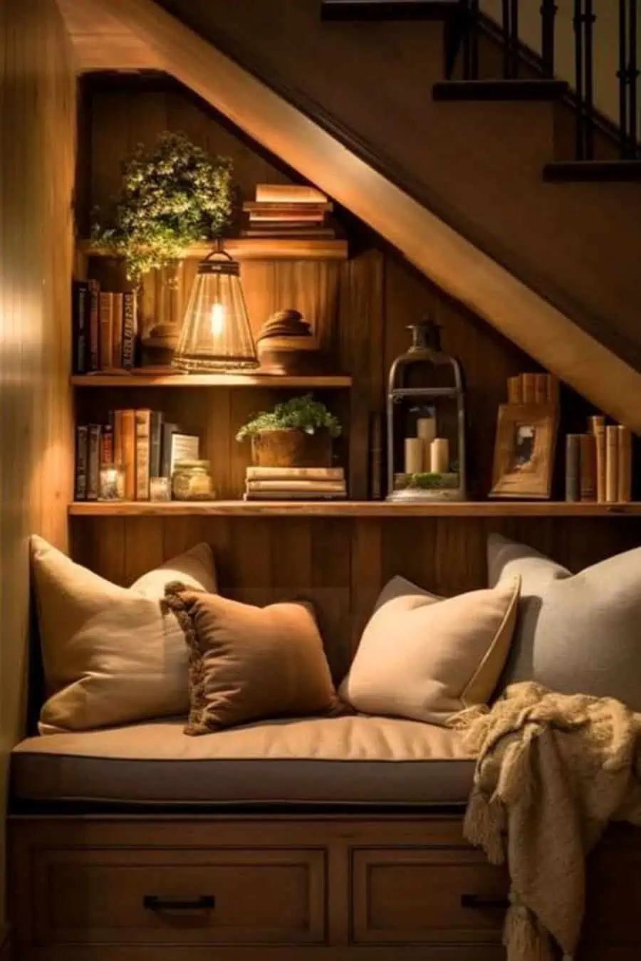 A cozy reading nook under a staircase with soft pillows, wooden shelving, warm lighting, and decorative plants, creating a peaceful retreat.