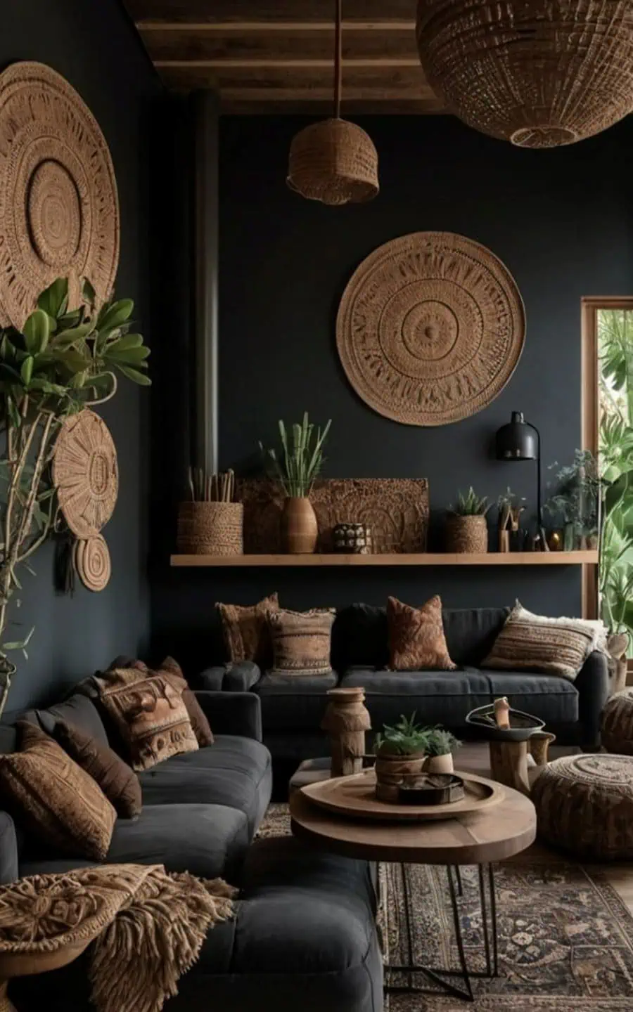 A cozy living room with dark walls, earthy tones, and woven décor. Features a plush sofa, wooden tables, and plants creating a natural, bohemian vibe.