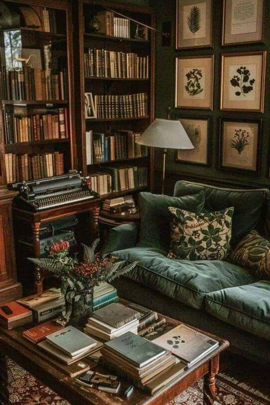 A cozy study with a velvet couch, bookshelves, botanical prints, and a vintage typewriter beside a coffee table stacked with books.