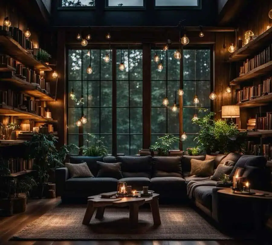 A cozy library with large windows, warm lighting from hanging bulbs, lush plants, and a comfortable sectional sofa.