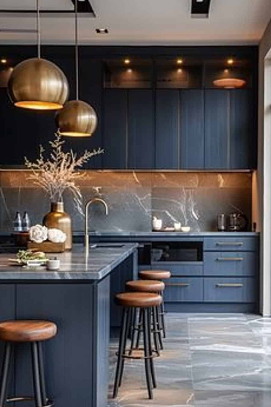 Modern kitchen with navy cabinets, gold accents, bar stools, and marble countertops