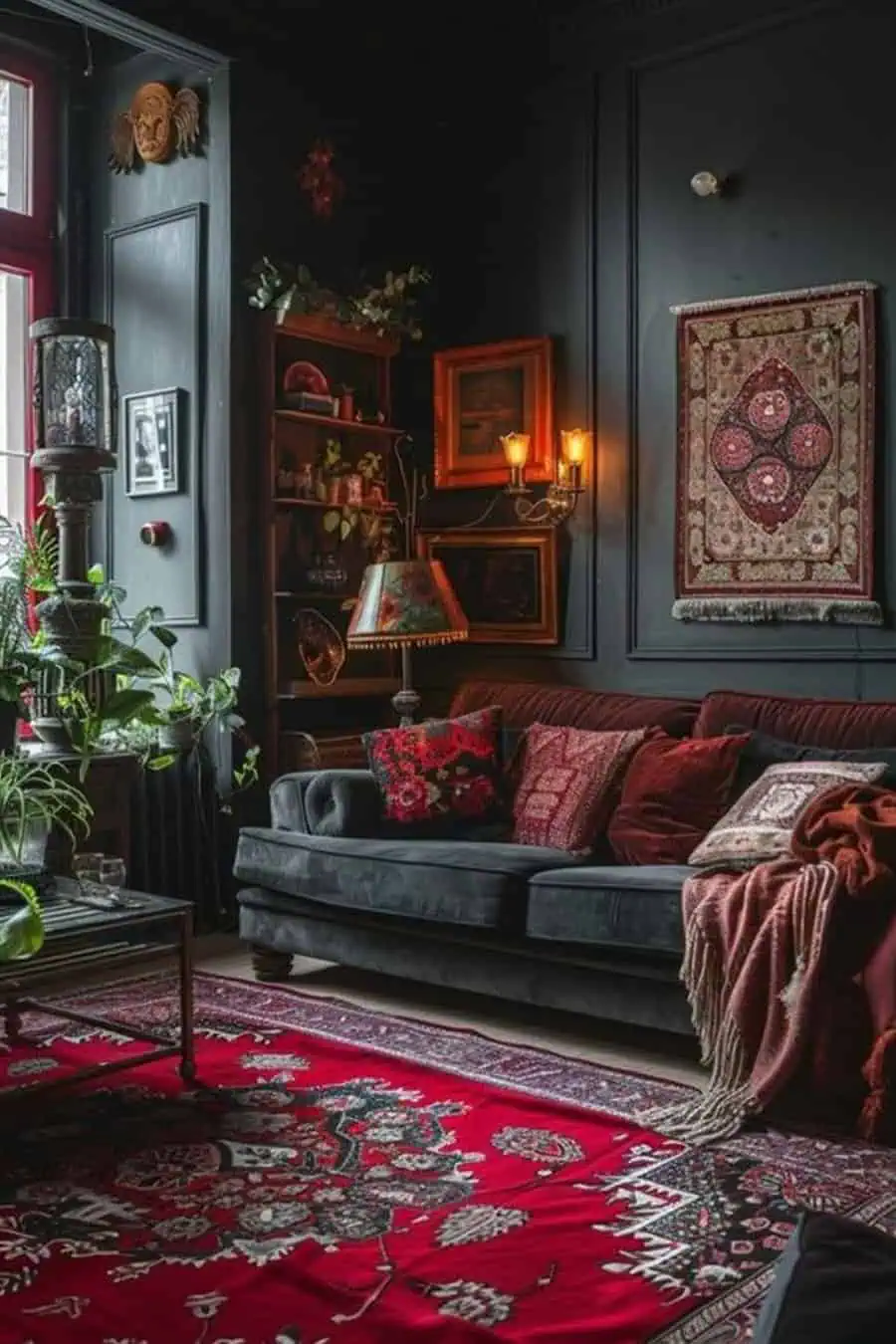 A bold living room with dark walls, vibrant red accents, and Persian-inspired rugs. Features a plush sofa, warm lighting, and decorative elements creating a rich, eclectic style.