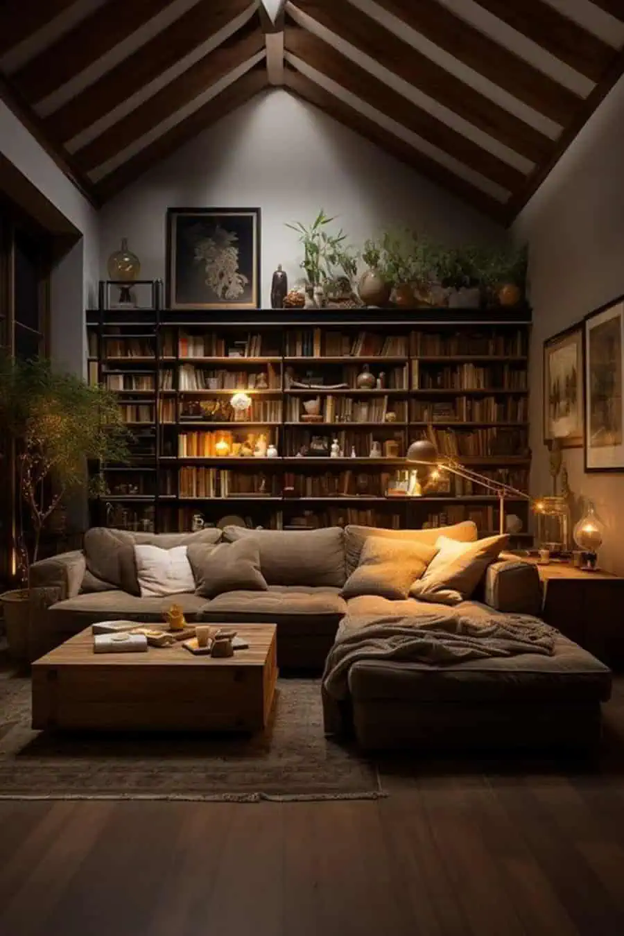 A cozy living room with a vaulted ceiling, a large sectional sofa, wooden bookshelves filled with books and plants, and warm ambient lighting.