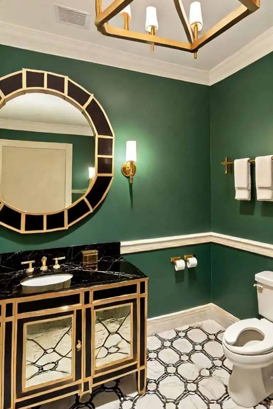 Green and gold Art Deco bathroom with black marble vanity, round mirror, and geometric floor tiles.