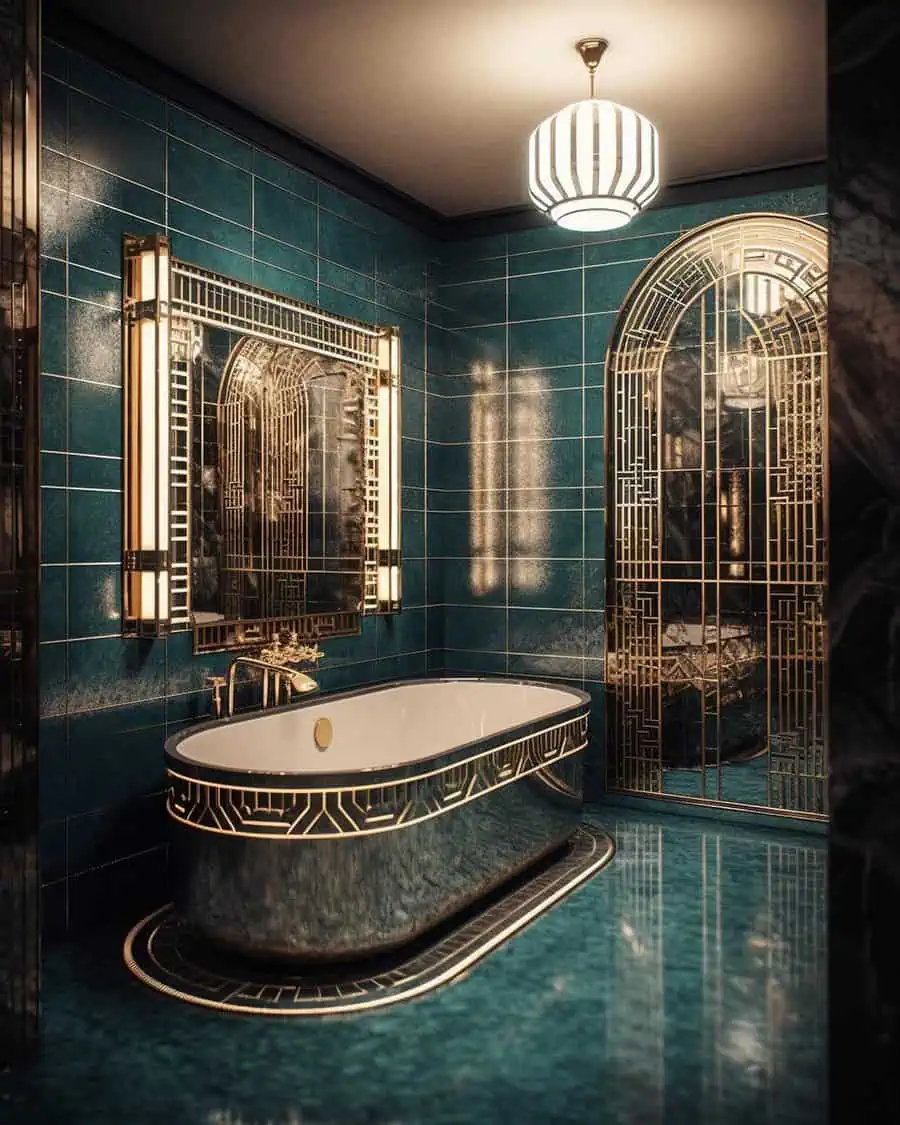 Teal Art Deco bathroom with gold-accented freestanding tub, mirror, and geometric tiles.