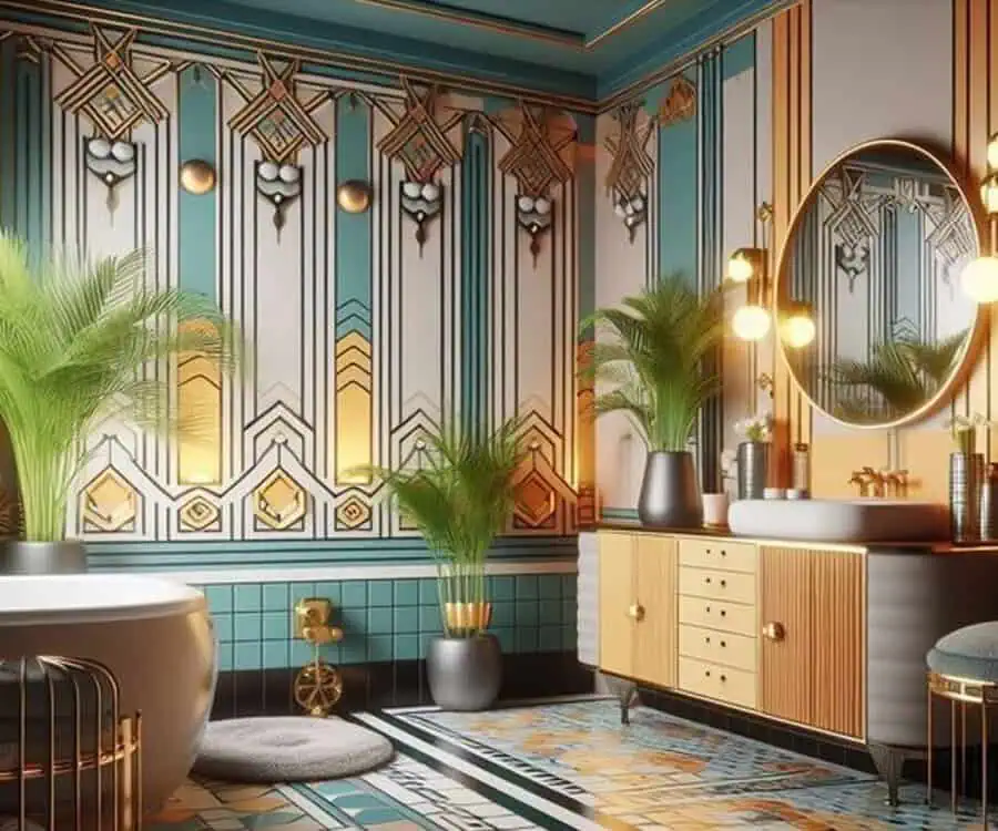 Vibrant Art Deco bathroom with geometric patterns, gold accents, freestanding tub, and potted plants.