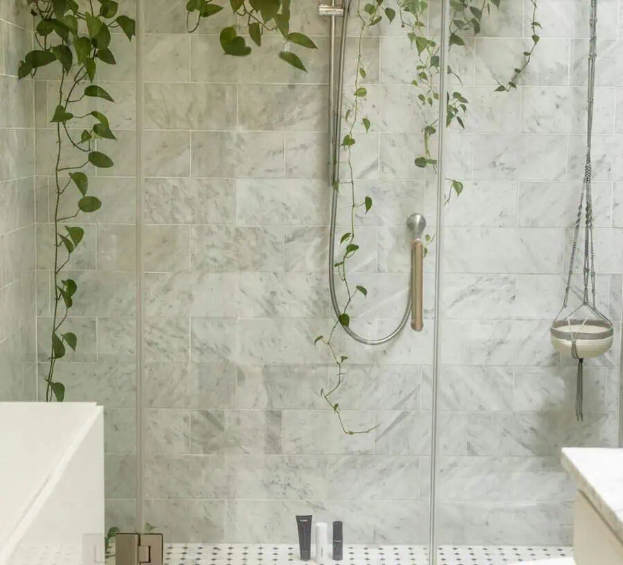 Marble-tiled shower with cascading golden pothos vines and minimalist decor elements.