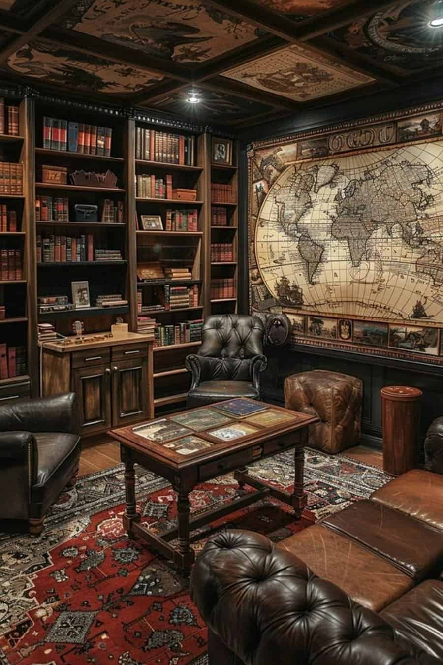 Library with leather chairs, large vintage world map on the wall, and bookshelves filled with old books.