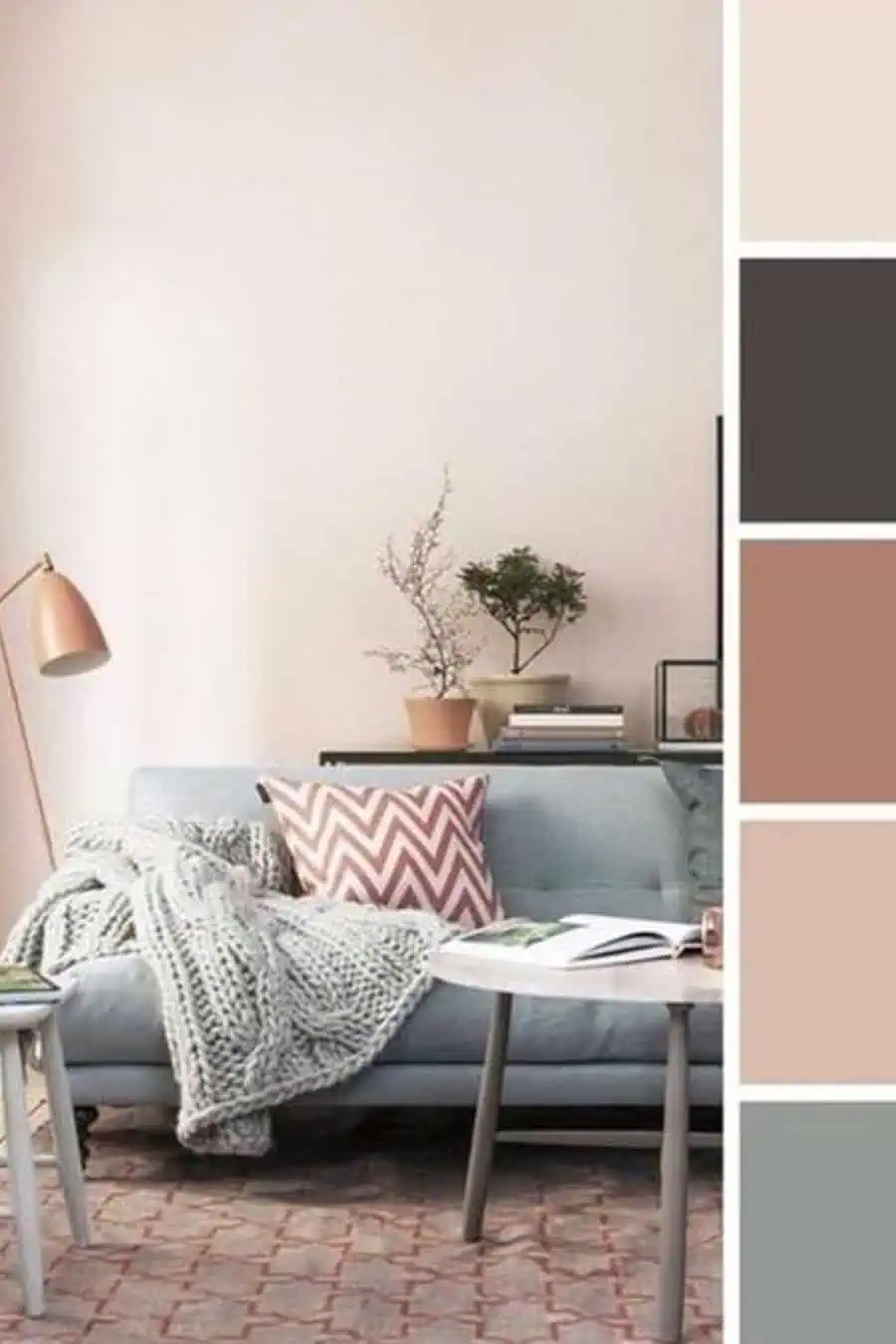 Living room with soft pastels, knitted throw, geometric pillow, and harmonizing neutral color swatches.