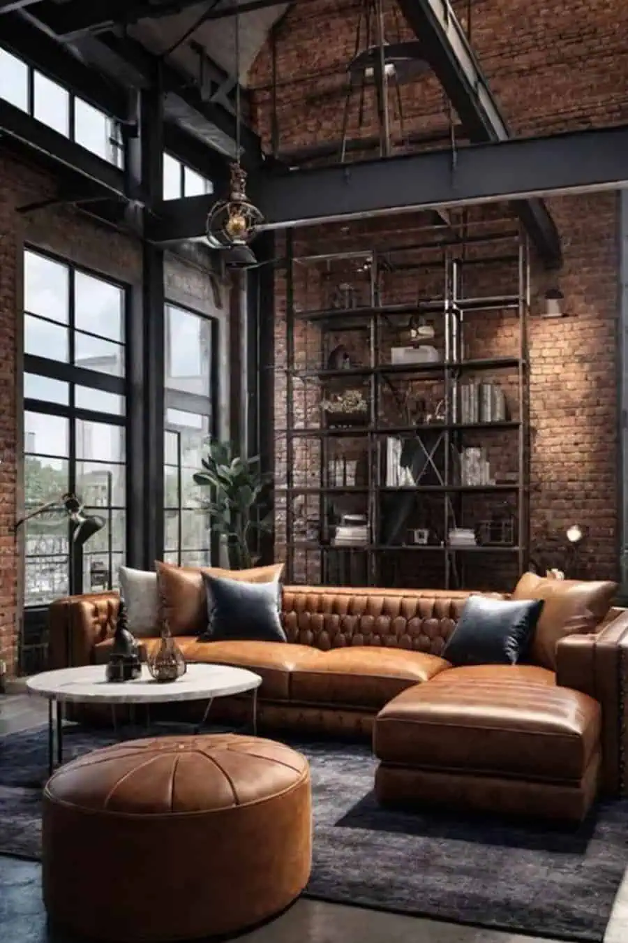 Industrial living room with a vintage leather sectional, exposed brick walls, and metal shelving.