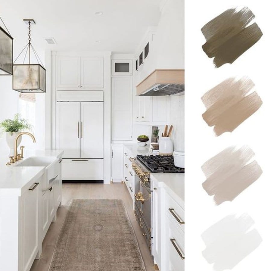 Modern kitchen with white cabinetry, brass handles, and a vintage rug, neutral tones swatches.