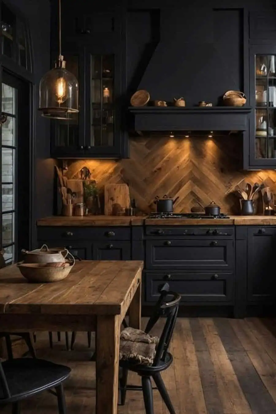 A rustic kitchen with dark cabinetry, warm wooden countertops, a herringbone backsplash, and a farmhouse dining table.