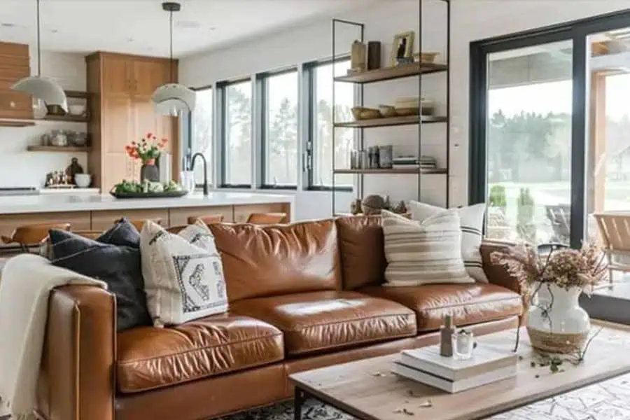 Leather couch in an open-plan living room with kitchen and large windows in the background.