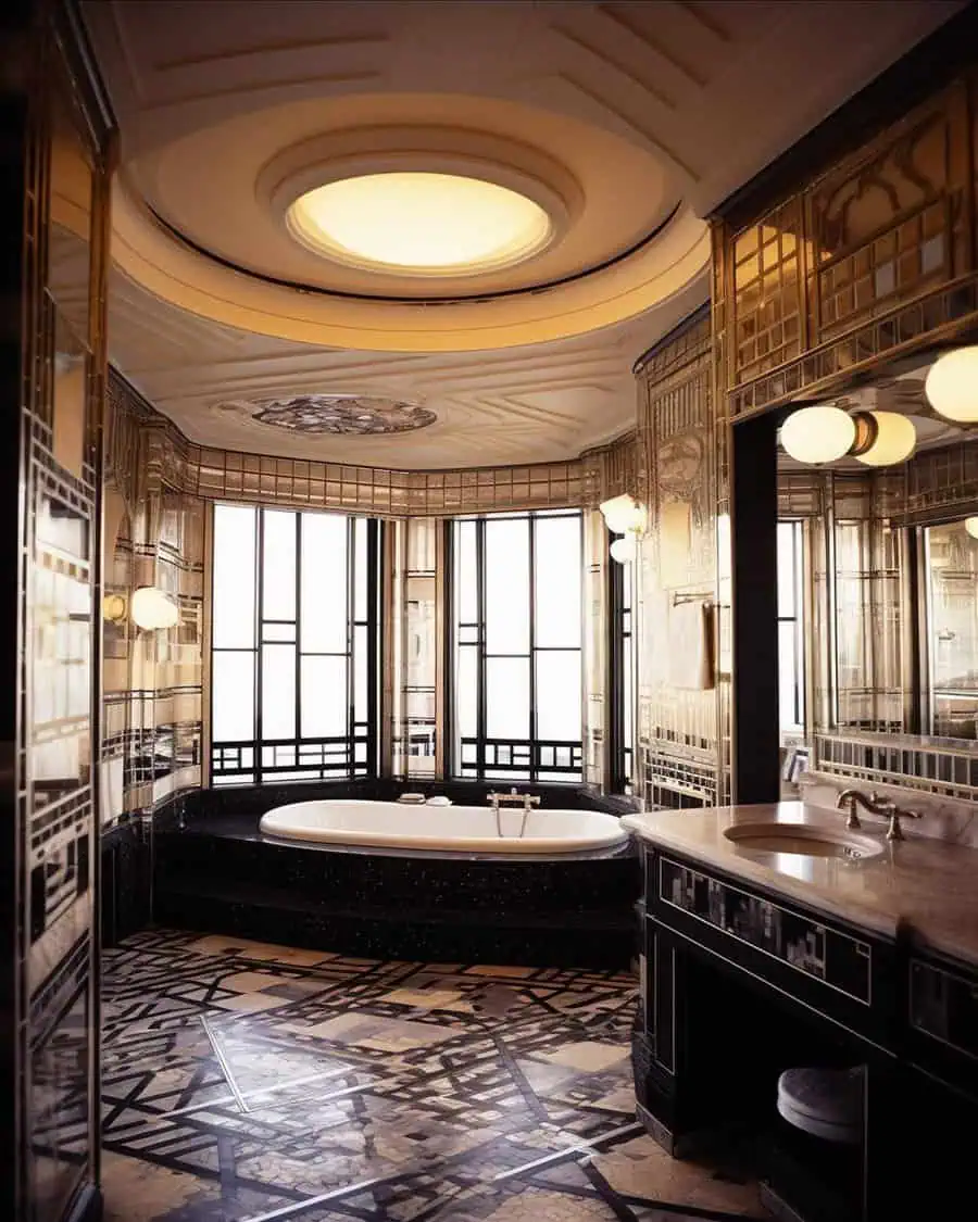 Luxurious Art Deco bathroom with large tub, intricate black and gold tile design, and soft lighting.