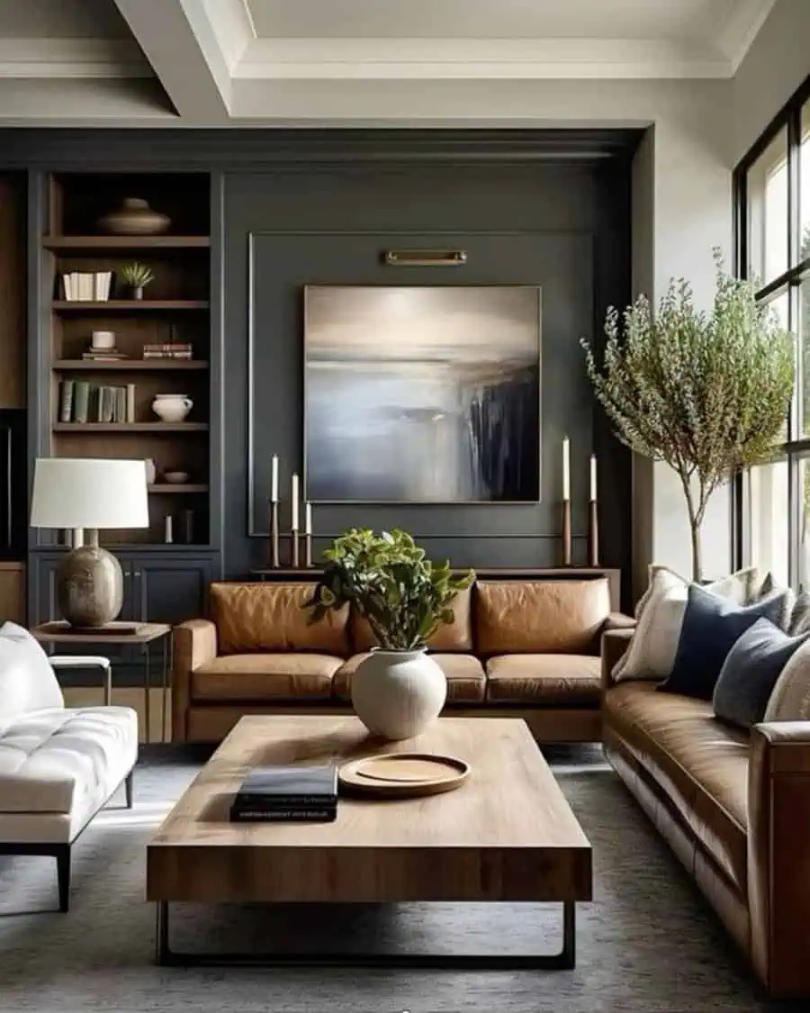 Luxury living room with leather couches, plush throw pillows, a wooden coffee table, and modern artwork.