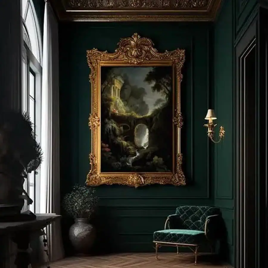 Elegant room with green walls, velvet chair, ornate painting, and a plant by the window.