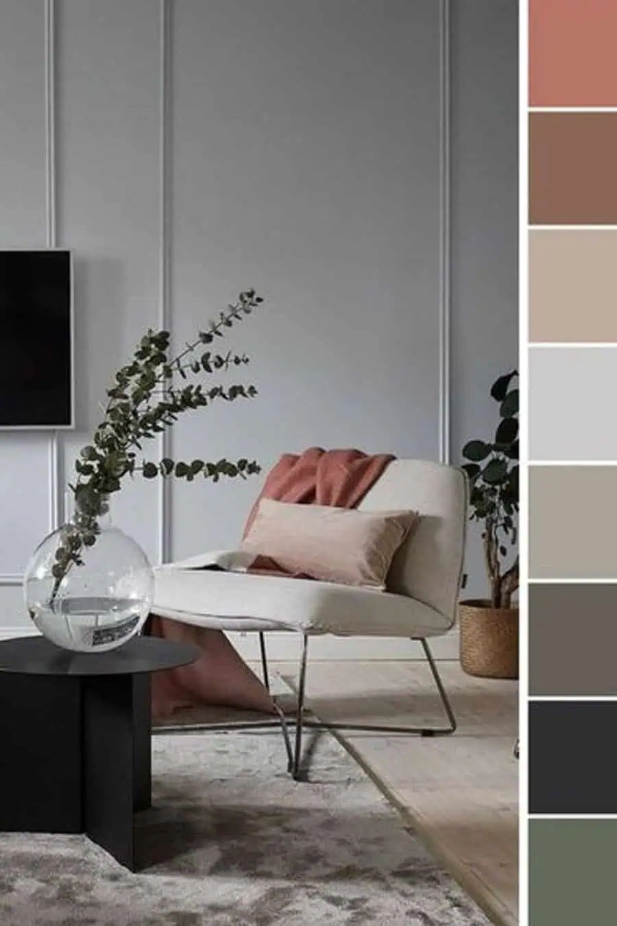 Minimalist living room with neutral tones, modern chair, black side table, and glass vase.