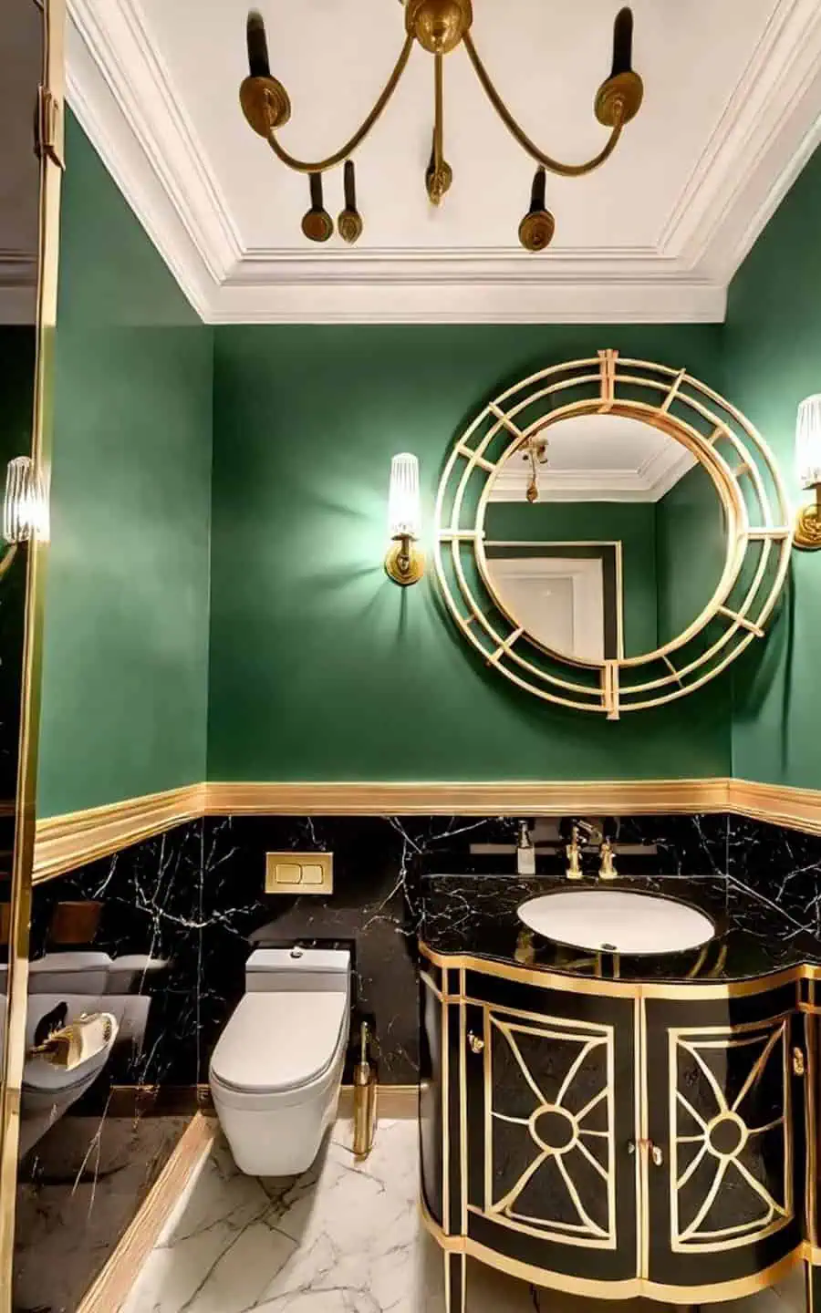 Refined Art Deco bathroom showcasing a sophisticated blend of gold accents, deep green walls, and a chic circular mirror design.