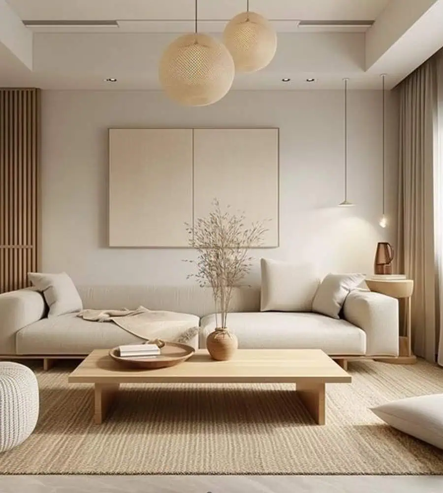 Modern chic living room with neutral tones, cozy sofas, and minimalist wooden coffee table.