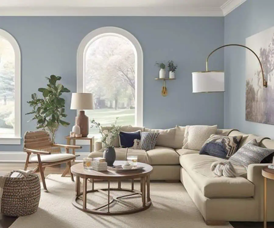 Bright living room with a beige sectional, blue walls, arched windows, and wooden furniture.