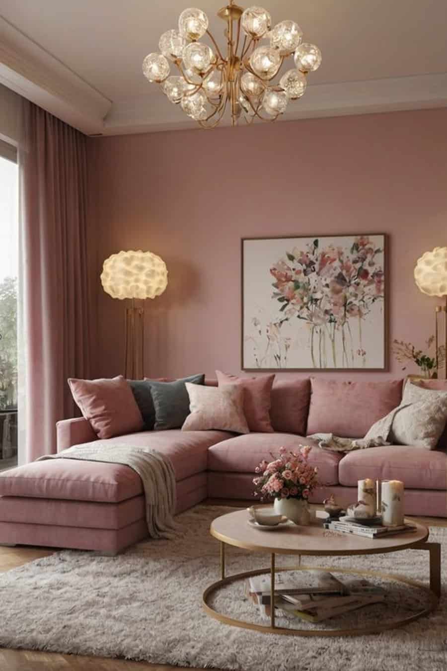 Elegant pink living room with a plush sectional, floral artwork, and a modern chandelier.